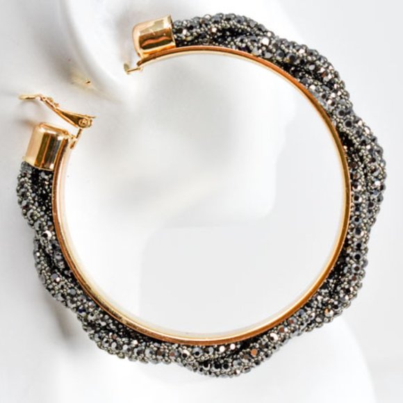 3" Braid Twist Hematite Rhinestone Hoop Earrings - Picture 11 of 12